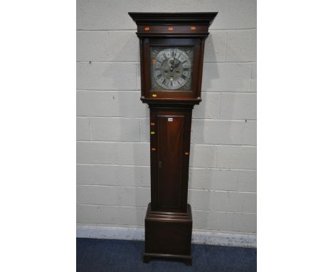 A MAHOGANY EIGHT DAY LONGCASE CLOCK, with box strung inlay, the hood with a glazed door, enclosing a brass and silvered 10.5 