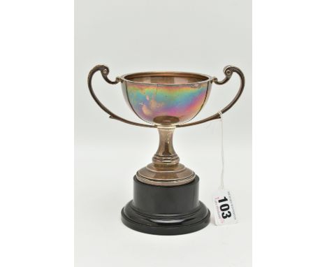 A SILVER TROPHY CUP WITH PLINTH, polished double handled cup, hallmarked 'A L Davenport Ltd' Birmingham 1935, approximate gro