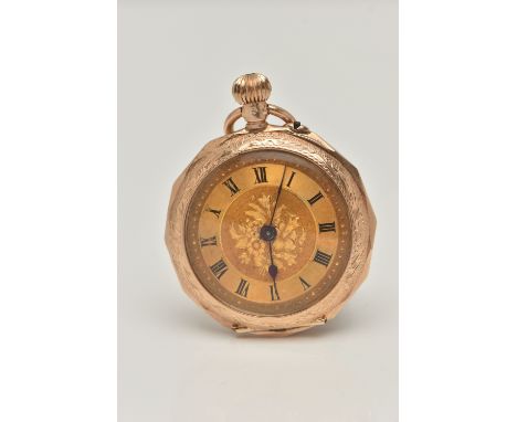 A 12CT GOLD OPEN FACE POCKET WATCH, hand wound movement, floral dial, Roman numerals, yellow gold case, approximate case widt