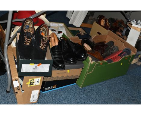 FOUR BOXES AND LOOSE GENTLEMEN'S SHOES, SANDALS, HATS AND BELTS, over thirty pairs of footwear to include a boxed pair of Guc