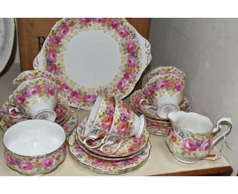 A BOXED ROYAL ALBERT 'SERENA' PATTERN TWENTY ONE PIECE TEA SET, comprising six cups, six saucers, six tea plates, milk jug, s