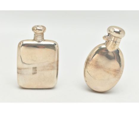 TWO SILVER MINI HIP FLASKS, the first a late Victorian oval polished flask, with hinged dome cover, hallmarked 'Deakin &amp; 