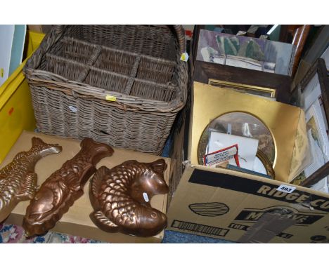 A BOX AND LOOSE OF PICTURES, THREE REPRODUCTION COPPER FISH MOULDS AND A VINTAGE LARGE WICKER GROCER'S BASKET WITH DIVISIONS,