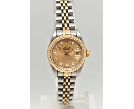 A LADIES BOXED 'ROLEX OYSTER PERPETUAL DATE JUST' WRISTWATCH, round gold dial signed 'Rolex Oyster Perpetual Date Just, Super