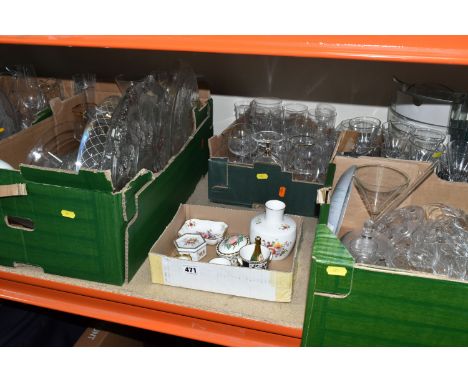 FIVE BOXES OF GLASSWARE AND ROYAL CROWN DERBY GIFTWARE, comprising a Royal Crown Derby miniature ice bucket and champagne bot