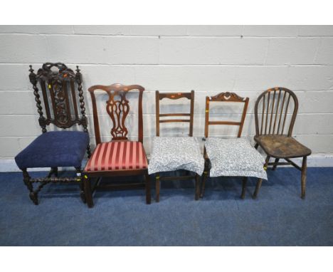 A 20TH CENTURY OAK CHAIR, with foliate details, barley twist supports, blue upholstery, on block and turned legs, united by s