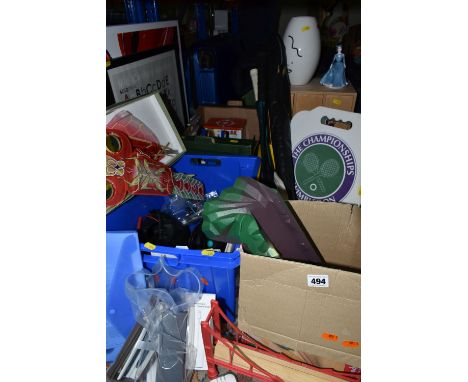 FIVE BOXES AND LOOSE TOYS, CERAMICS, PICTURES, AUDIO EQUIPMENT, PENS, SPORTS EQUIPMENT, ETC, including boxed Apple Lightning 