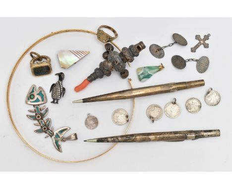 ASSORTED ITEMS, to include a late Victorian silver baby rattle, fitted with four bells, a whistle and a coral teething handle