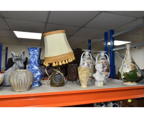 THIRTEEN PIECES OF LATE 19TH AND 20TH CENTURY CERAMICS, GLASS AND METALWARE, including a Poole Pottery table lamp, impressed 