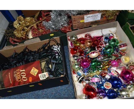 FOUR BOXES OF CHRISTMAS DECORATIONS, vintage and modern, to include a box of approximately fifty to sixty vintage Christmas b