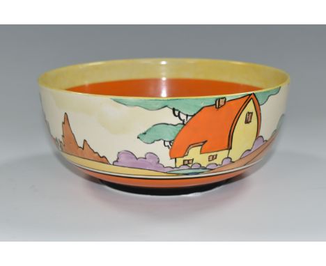 A CLARICE CLIFF 'ORANGE ROOF COTTAGE' DESIGN BOWL,  with orange, black and yellow banding inside, diameter 19cm, black printe