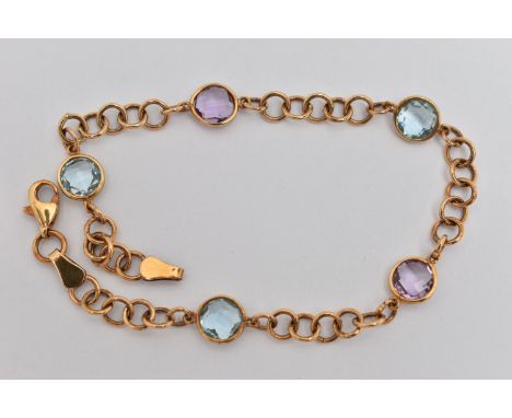 A 9CT GOLD GEM SET LINE BRACELET, designed as a circular link bracelet set with two circular cut amethysts and three blue cir
