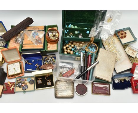 A BOX OF ASSORTED ITEMS, to include various sets of cufflinks and dress studs, running medallion, a commemorative medal, jewe