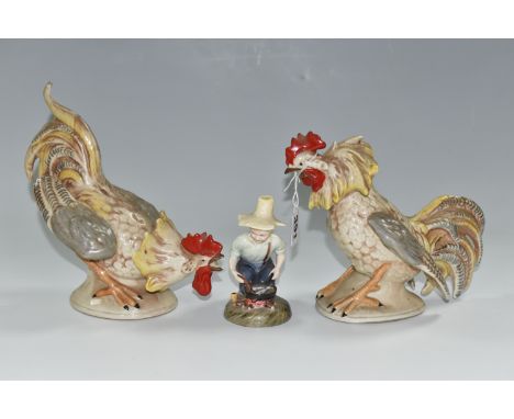 TWO 20TH CENTURY CONTINENTAL PORCELAIN FIGURES OF COCKERELS, posed as ready to fight each other, model no. 11908 and 11909, b