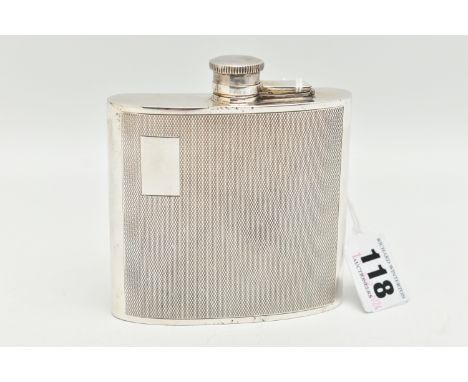 AN ELIZABETH II SILVER HIP FLASK, curved square from, engine turned pattern with vacant cartouche, screw hinged cover, hallma