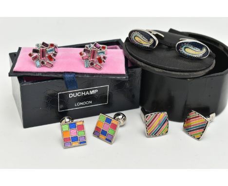 FOUR PAIRS OF 'DUCHAMP' CUFFLINKS, the first a pair of oval form cufflinks with paisley detail, a pair of cluster style cuffl