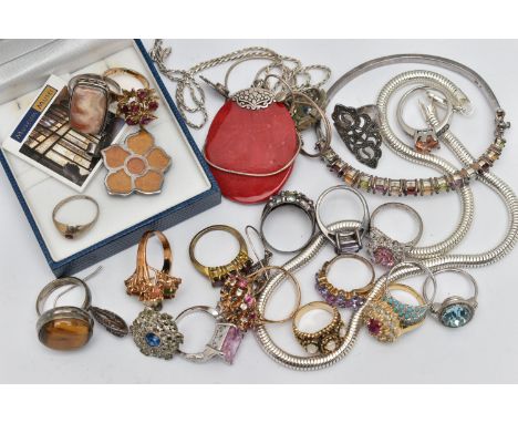 A BAG OF ASSORTED JEWELLERY, to include a semi-precious gemstone set hinged bangle, with oval cut garnet, topaz, citrine, per