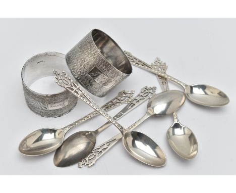 AN ASSORTMENT OF SILVER ITEMS, to include a silver napkin ring, engine turned pattern and monogram engraving to the rectangul