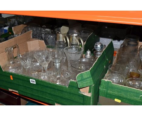 FIVE BOXES AND LOOSE GLASS WARE, to include a vintage decanter and glass set decorated in a geometric pattern, a pair of art 