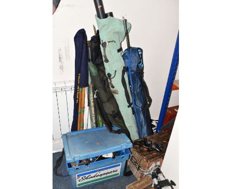 A QUANTITY OF VINTAGE FISHING TACKLE ETC, to include an 8ft George Bate split cane rod, Abu Garcia Max Dominator 11ft twin ti