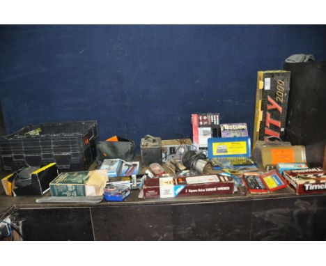 TWO TRAYS CONTAINING AUTOMOTIVE TOOLS including Gunsons Testune and Timelite, a vintage petrol can with brass cap, various so