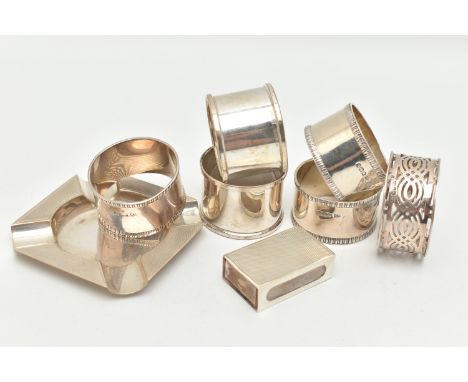 ASSORTED SILVER ITEMS, to include six assorted silver napkin rings, three with textured rims, hallmarked Sheffield, two plain