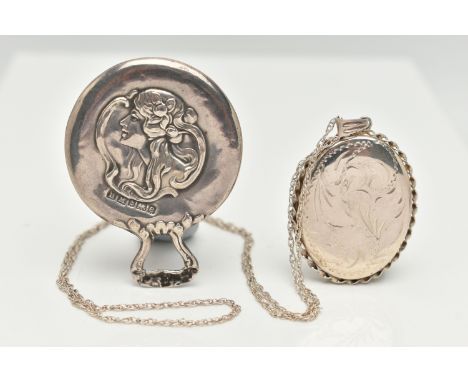 A SILVER MIRROR AND A LOCKET PENDANT WITH CHAIN, Art Nouveau style small mirror, hallmarked 'Henry Matthews' Birmingham, appr