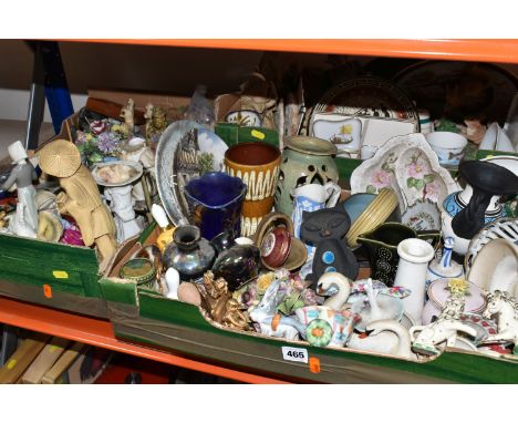 THREE BOXES OF CERAMICS AND ORNAMENTS, to include a West German waisted vase marked '244 17', a Portmeirion Totem green milk 