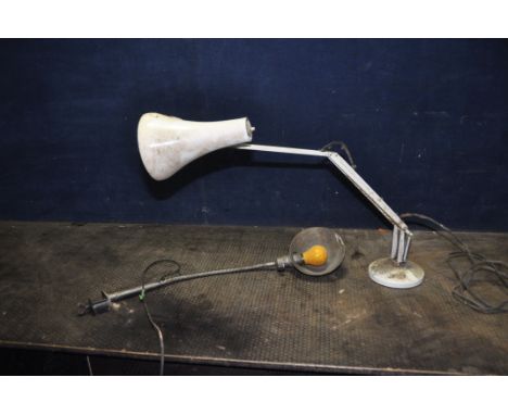 AN EARLY 20th CENTURY INDUSTRIAL MACHINE LAMP with gooseneck stem and a later Anglepoise style lamp (both untested)(2)