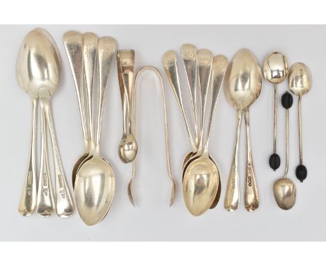 ASSORTED SILVER SPOONS AND SUGAR TONGS, to include a set of six Old English pattern teaspoons with engraved initials to each 