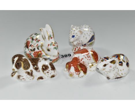 FIVE ROYAL CROWN DERBY PAPERWEIGHTS EXCLUSIVE TO THE COLLECTORS GUILD, comprising 'Meadow Rabbit', 'Derby Dormouse', 'Scruff'