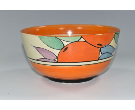 A NEWPORT POTTERY BOWL HANDPAINTED WITH A DESIGN OF ORANGES, orange band to inner rim, black printed mark, diameter 18.8cm (C