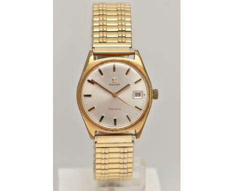 A GENTS GOLD PLATED 'OMEGA' WRISTWATCH, round silver dial signed 'Omega, Geneve', baton markers, date window at the three o'c