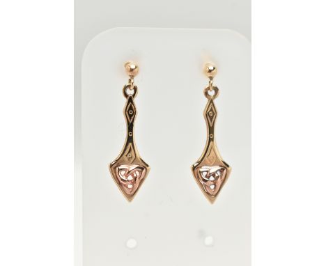 A BOXED PAIR OF WELSH GOLD DROP EARRINGS, Celtic pattern drop earrings, to the post and scroll fittings, hallmarked Sheffield
