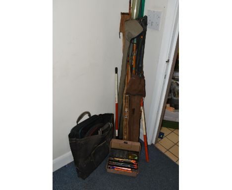 A GROUP OF VINTAGE FISHING RODS AND FISHING TACKLE, comprising a Richard Walker Mark IV split cane rod by B. James &amp; Son-