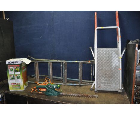 A BELDRAY JOBEEZE PLATFORM LADDER, a steel step ladder, a Parkside Hedge Trimmer (PAT pass and working) and a Ronseal garden 
