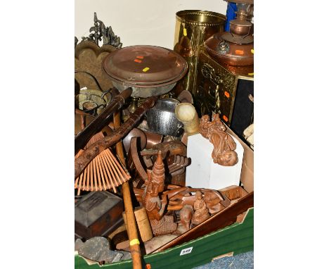 TWO BOXES AND LOOSE METAL WARE AND TREEN, to include a Chinese wooden carved figure of a girl carrying a basket, height 24.5c