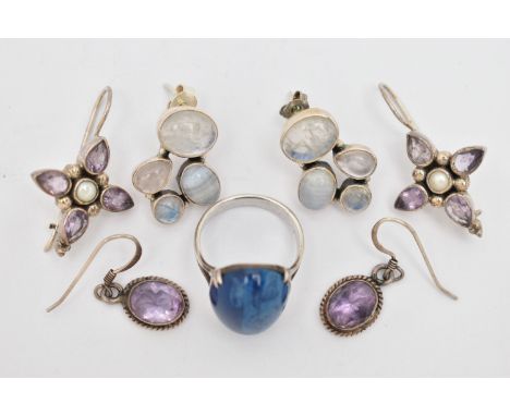 THREE PAIRS OF WHITE METAL EARRINGS AND A RING, to include a pair of moonstone and blue lace agate earrings, post and scroll 