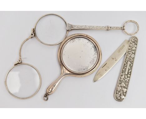 A PAIR OF LORGNETTES, SMALL MIRROR AND A FRUIT KNIFE, white metal lorgnettes, unmarked, a small hand held silver mirror, hall