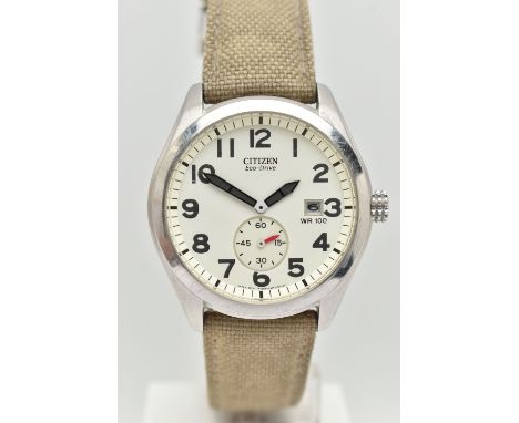 A GENTS 'CITIZEN ECO-DRIVE' WRISTWATCH, large round cream dial signed 'Citizen Eco-Drive WR100', Arabic numerals, date window