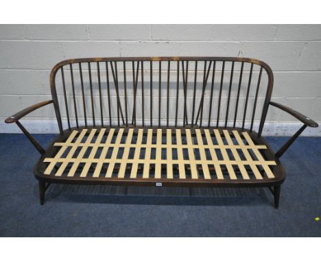 A MID CENTURY DARK ERCOL WINDSOR SOFA, MODEL 203, length 172cm x depth 74cm x height 78cm (condition report: no cushions, sur