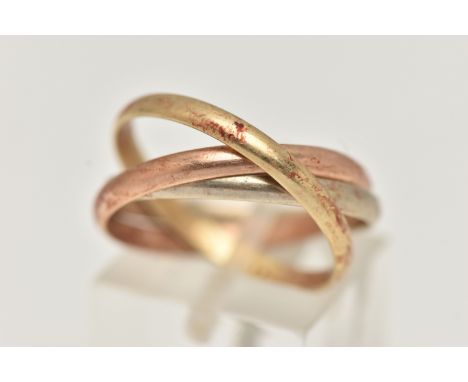 A TRI COLOUR RUSSIAN WEDDING BAND RING, yellow metal, white metal and rose metal rings all interlocked, approximate width of 