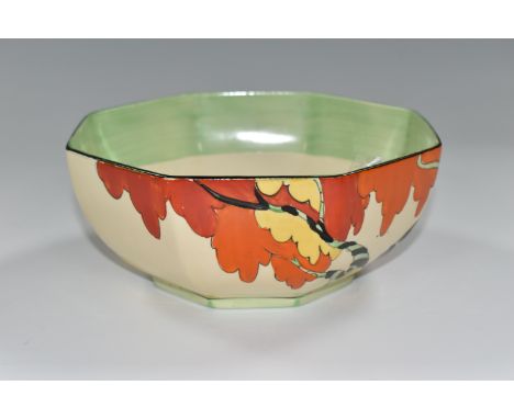 A CLARICE CLIFF 'HONOLULU' DESIGN OCTAGONAL BOWL, green and black banding inside, black printed backstamp 'hand painted - Biz