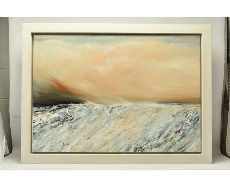 LYNNE TIMMINGTON (BRITISH CONTEMPORARY) 'HORNING', a seascape at sunrise, signed bottom left, oil on canvas, approximate size