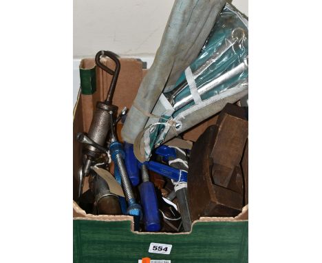 A QUANTITY OF LOOSE TOOLS,  various assorted types of spanner, clamp, punch, grease gun etc., includes a Mathieson &amp; Son 