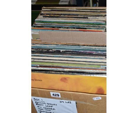 TWO BOXES OF LP RECORDS,  approximately ninety LP records, artists include The Rolling Stones, The Who, Meat Loaf, Bob Dylan,