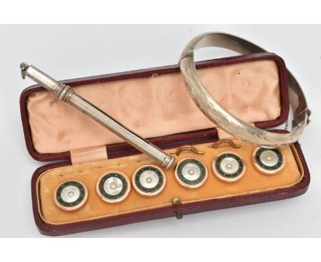 A CASED SET OF DRESS STUDS, BANGLE AND A PROPELLING PENCIL CASE, six rose metal round studs, each decorated with mother of pe