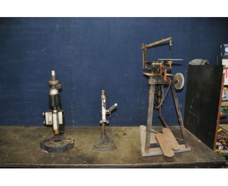 A VINTAGE CAST IRON BEARING PRESS, a Hobbies manual scroll saw and a drill press (3)
