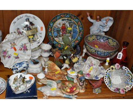 A SELECTION OF DECORATIVE CERAMIC ITEMS, to include a Royal Worcester dish raised upon a circular foot, painted scene of frui