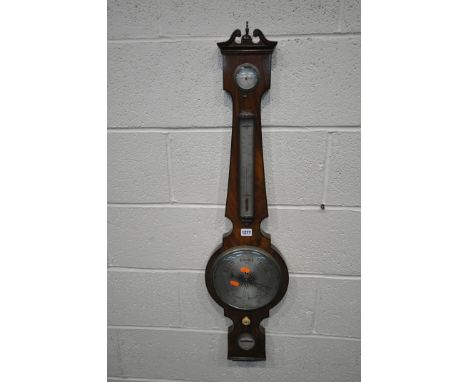 A 19TH CENTURY J STROUD MAHOGANY BANJO BAROMETER, with a dry/damp dial, a thermometer, a large central dial and a spirit leve